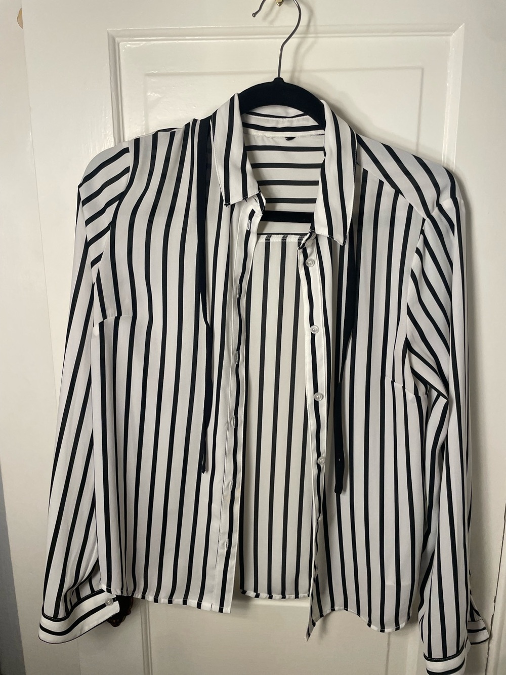 Women's Black & White Vertical Stripe Button-Down Shirt